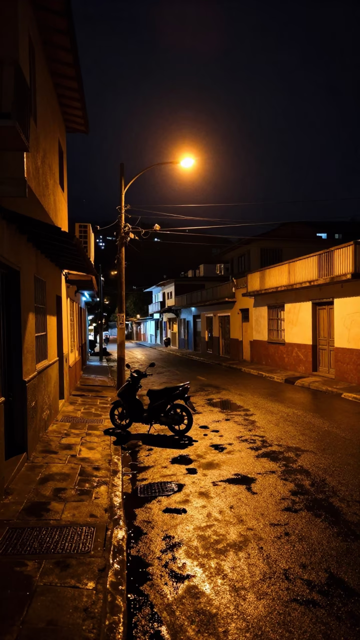 Nighttime street scene in Medellin Colombia with parked motorcycle and dimly lit storefront in in Medellin, Colombia