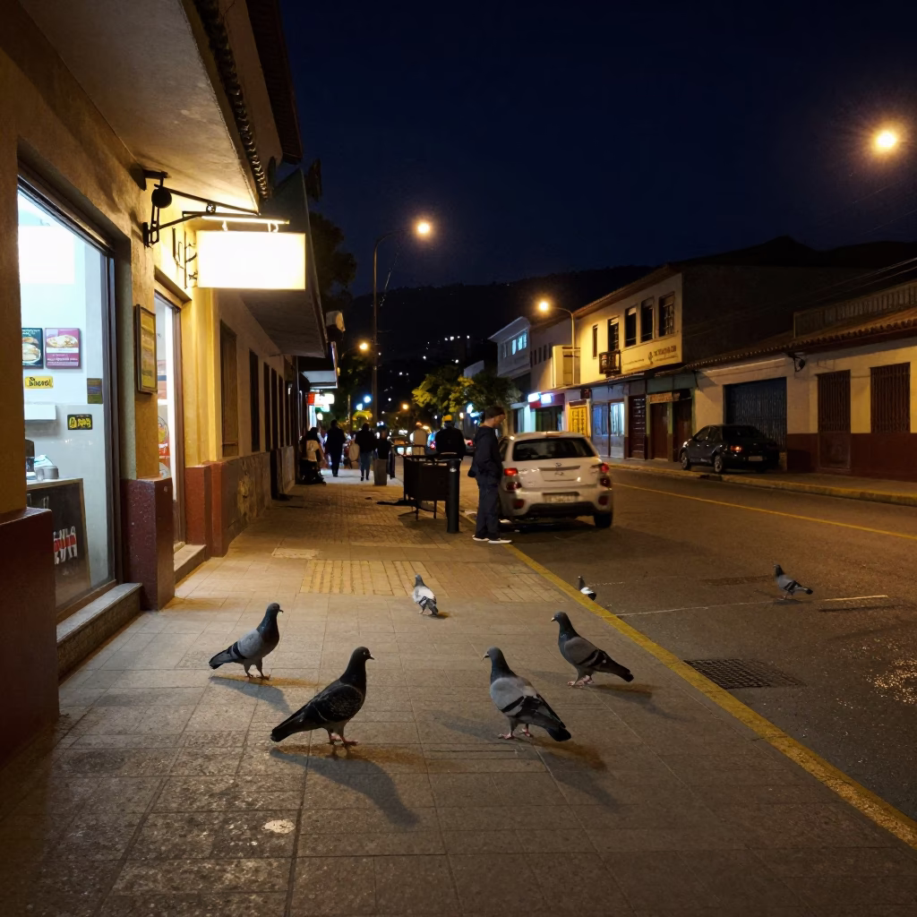 Nighttime Street Scene in Medellin Colombia with Pigeons and Urban Life in in Medellin, Colombia