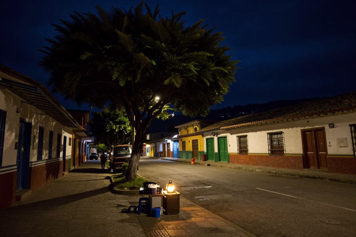 Nighttime Street Scene in Medellin Colombia with Tree and Electric Kettle in in Medellin, Colombia