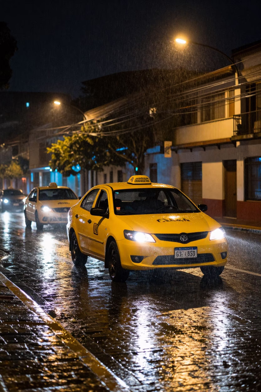 Nighttime Street Scene in Medellin Colombia with Yellow Taxi and Rain in in Medellin, Colombia