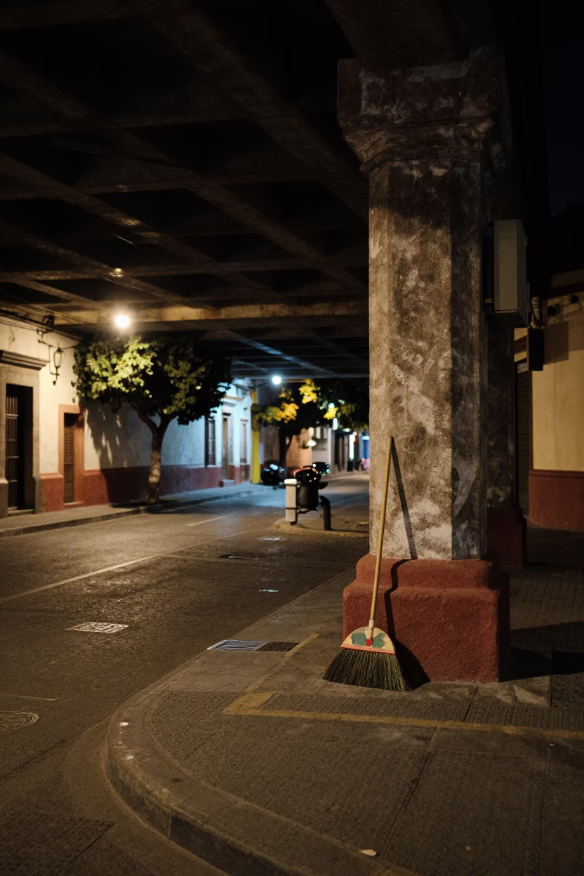 Nighttime Street Scene in Merida Mexico with Broom and Shadowy Underpass in in Merida, Mexico