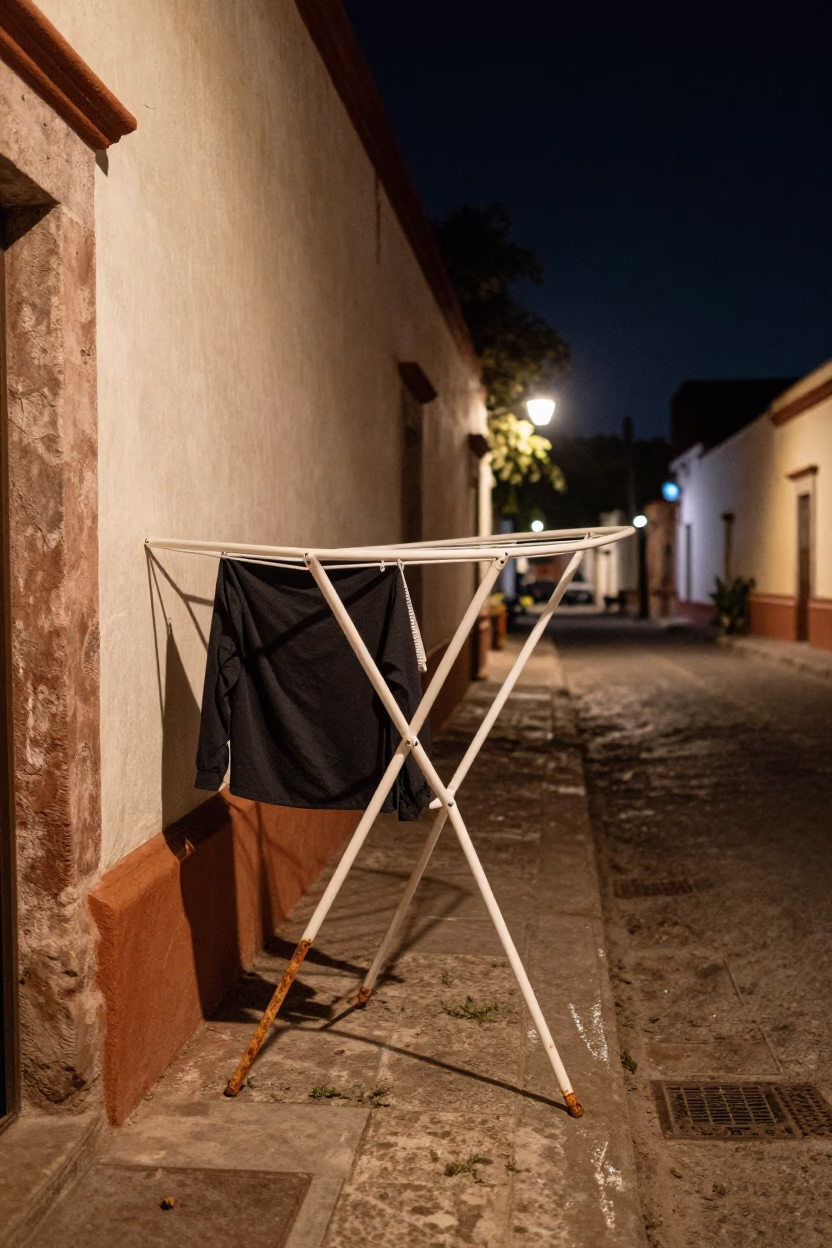 Nighttime Street Scene in Merida Mexico with Drying Rack and Rusty Safety Razor in in Merida, Mexico