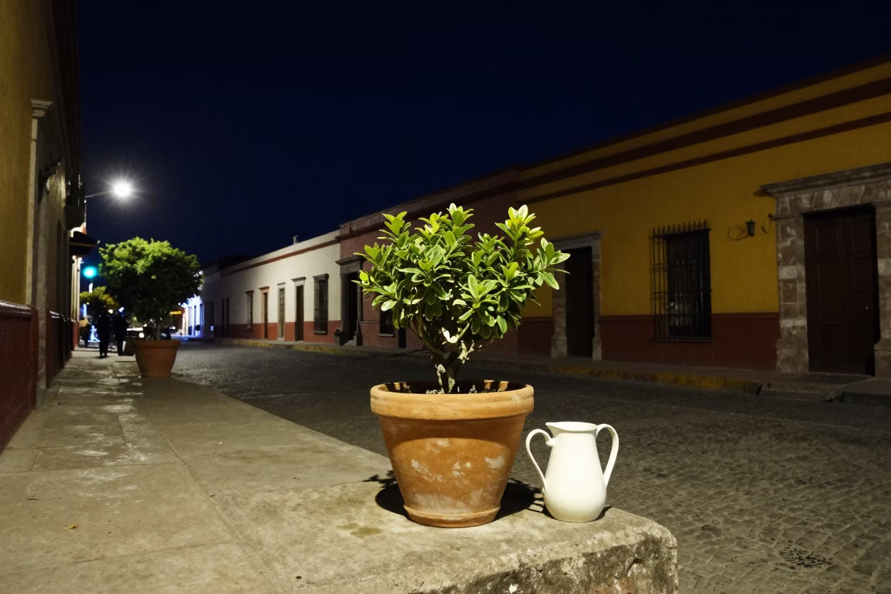 Nighttime Street Scene in Merida Mexico with Flowerpot and Pitcher in in Merida, Mexico