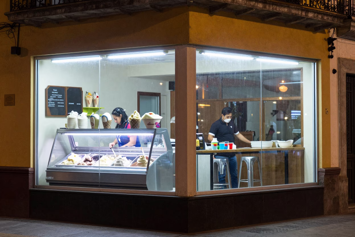 Nighttime Street Scene in Merida Mexico with Gelato Display and Clear Glass Wall in in Merida, Mexico