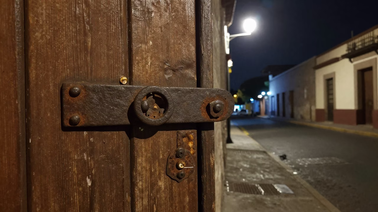 Nighttime Street Scene in Merida Mexico with Iron Deadbolt and Urban Architecture in in Merida, Mexico