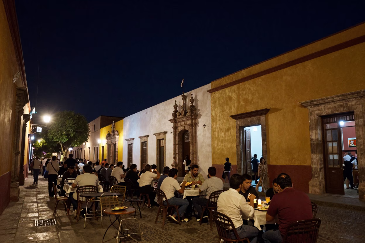 Nighttime Street Scene in Merida Mexico with Local Dining and Urban Lighting in in Merida, Mexico