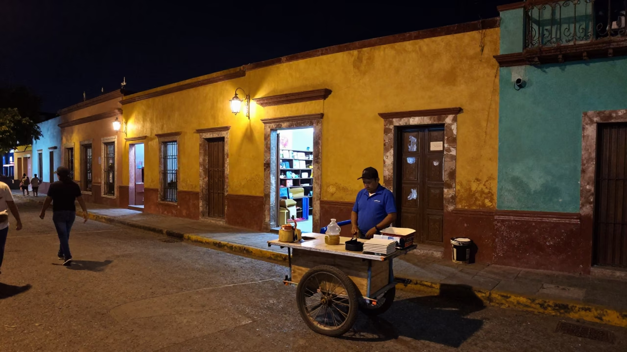 Nighttime Street Scene in Merida Mexico with Local Vendor and Colorful Lighting in in Merida, Mexico