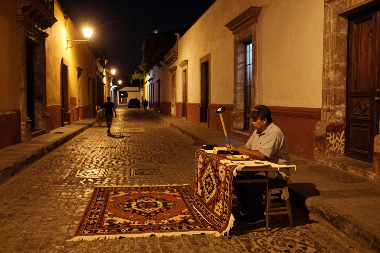 Nighttime Street Scene in Merida Mexico with Patterned Rug and Hammer in in Merida, Mexico