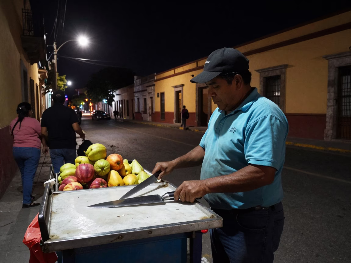 Nighttime Street Scene in Merida Mexico with Vendor and Fruit Knife in in Merida, Mexico