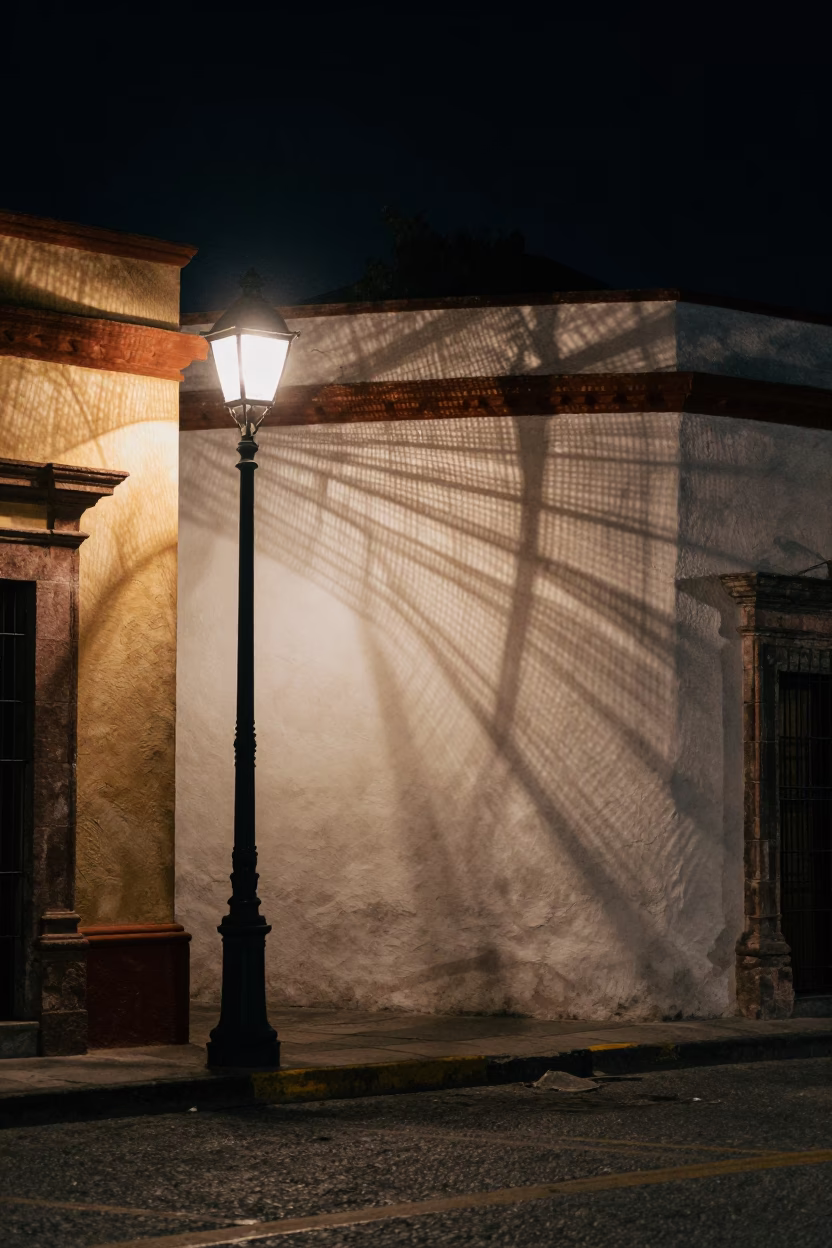 Nighttime Street Scene in Merida Mexico with Woven Cane Light Patterns in in Merida, Mexico