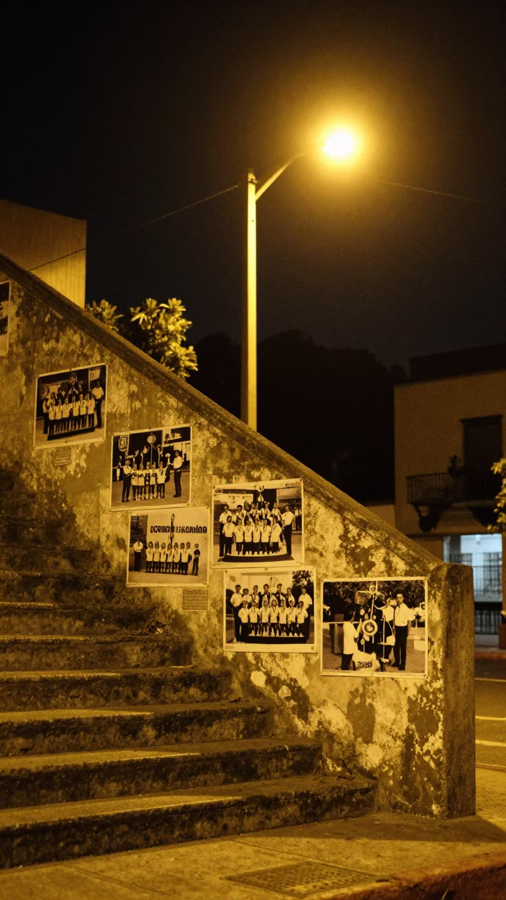 Nighttime Street Scene in Mexico City Featuring Faded School Championship Photos and Clay Pot in in Mexico City, Mexico