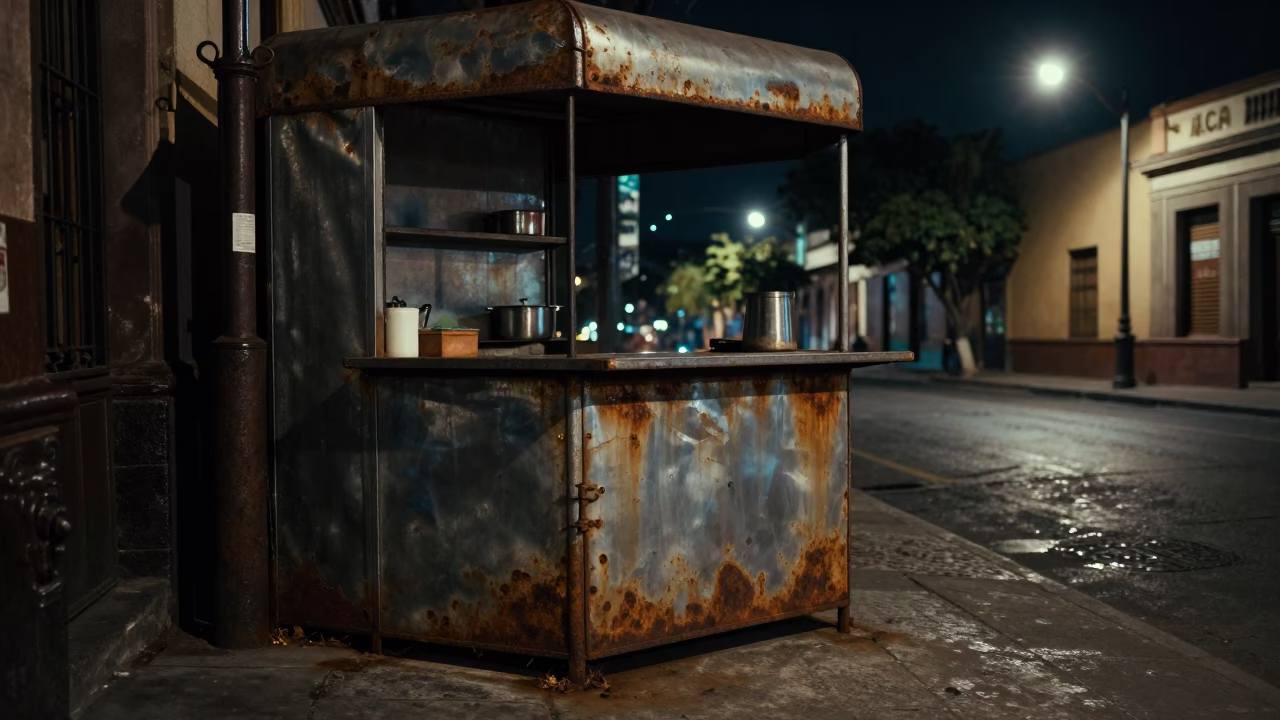 Nighttime Street Scene in Mexico City with Rusty Metal and Kitchen Stool Detail in in Mexico City, Mexico