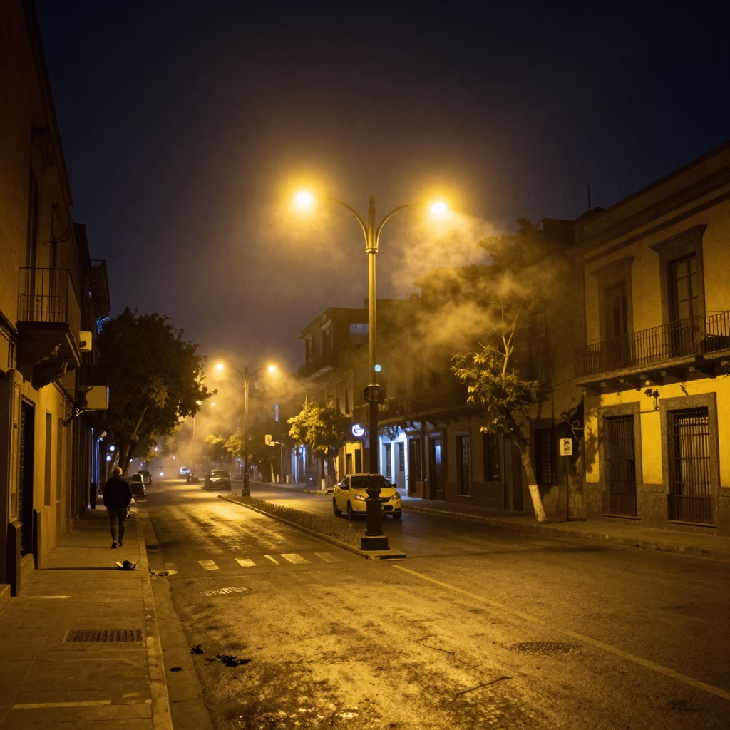 Nighttime Street Scene in Mexico City with Steam Haze and Urban Architecture in in Mexico City, Mexico