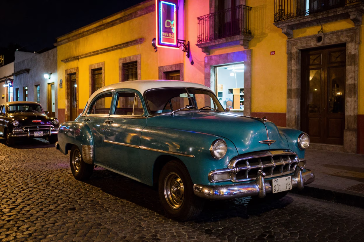 Nighttime Street Scene in Mexico City With Vintage Car and Neon Lights in in Mexico City, Mexico