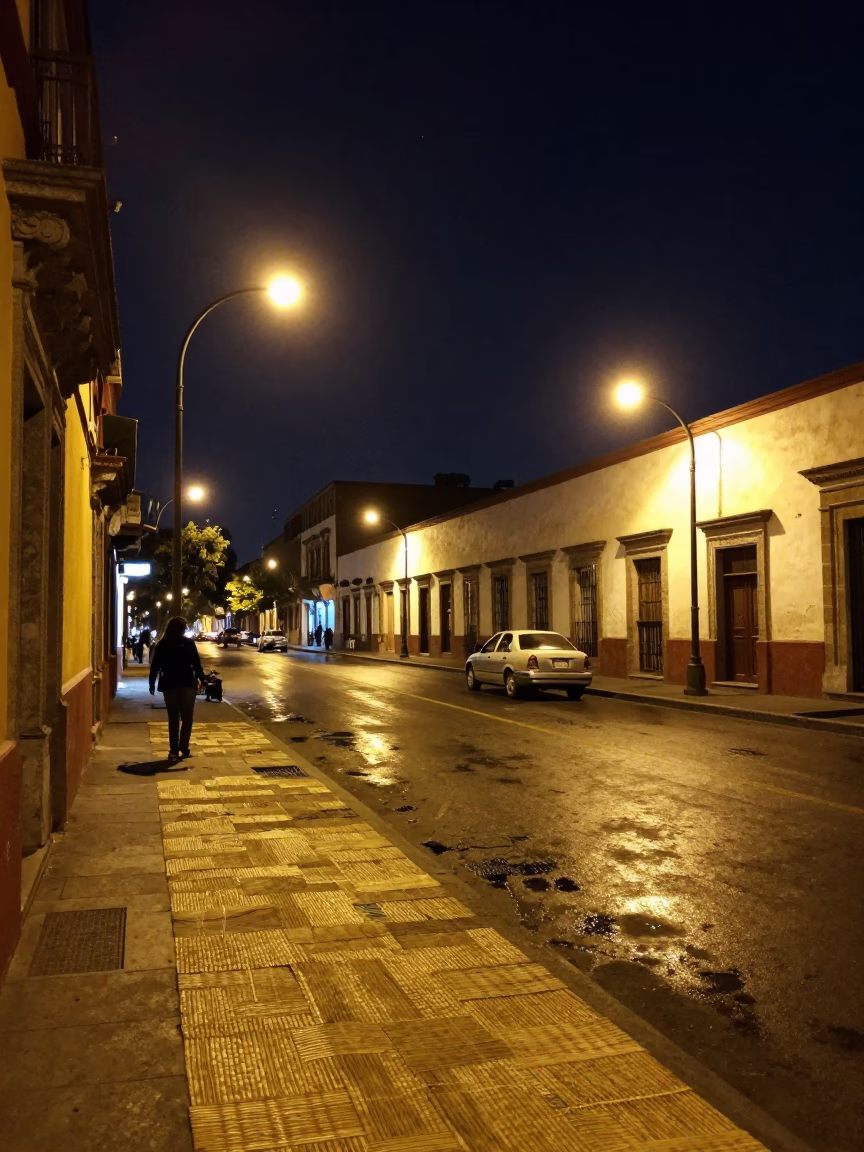 Nighttime Street Scene in Mexico City with Woven Mats and Local Vendor Activity in in Mexico City, Mexico