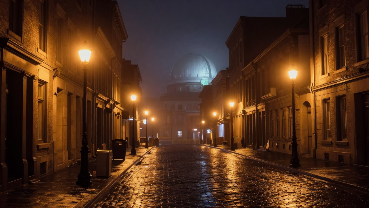 Nighttime Street Scene in Montreal Quebec Canada with Observatory Dome and Fog in in Montreal, Quebec, Canada