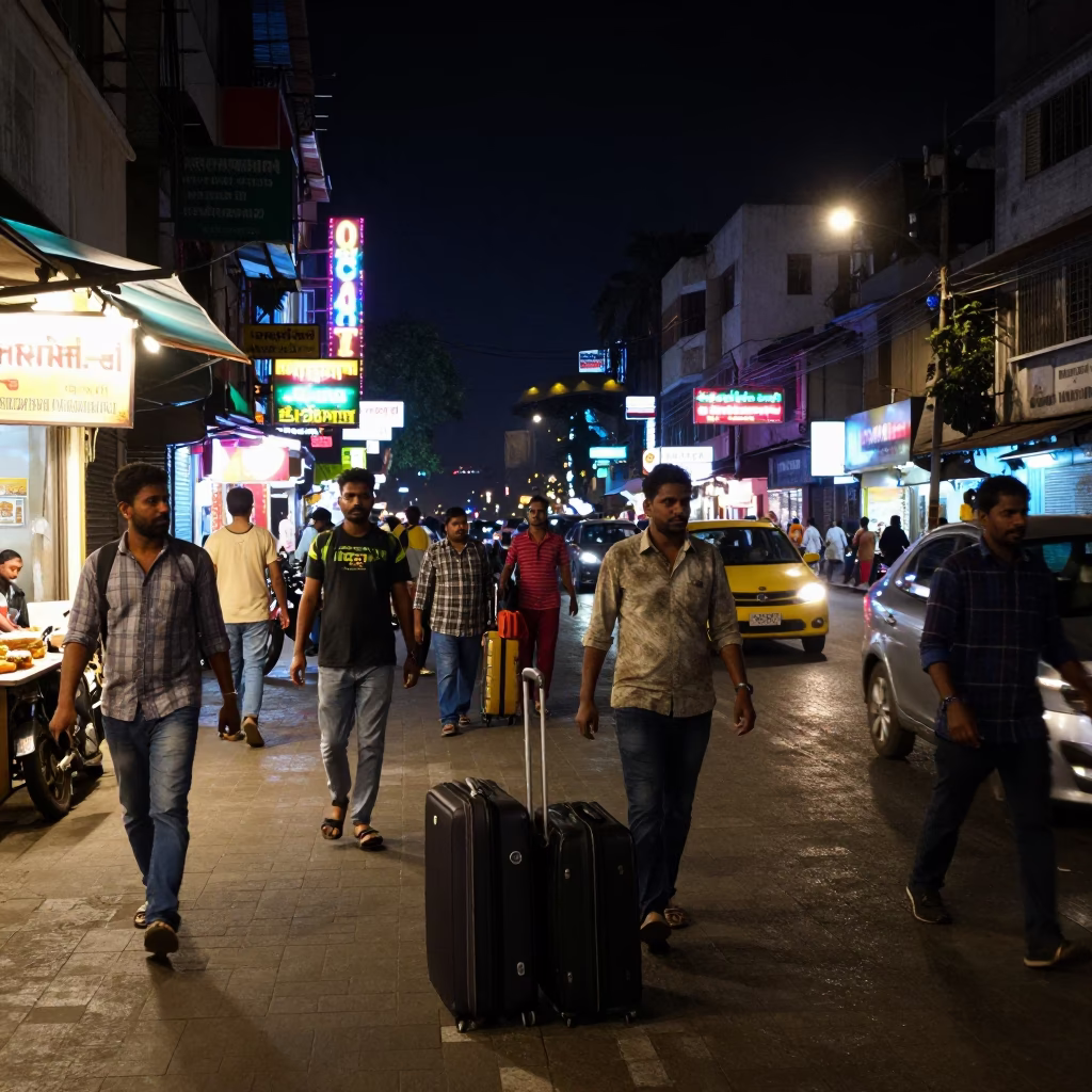Nighttime Street Scene in Mumbai India with Suitcases and Urban Life in in Mumbai, India