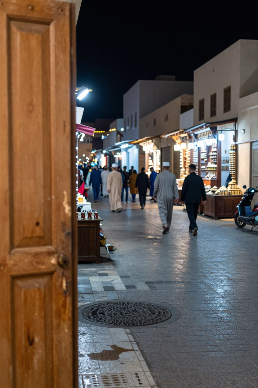 Nighttime Street Scene in Muscat Oman with Brushed Steel and Tea Stains in in Muscat, Oman