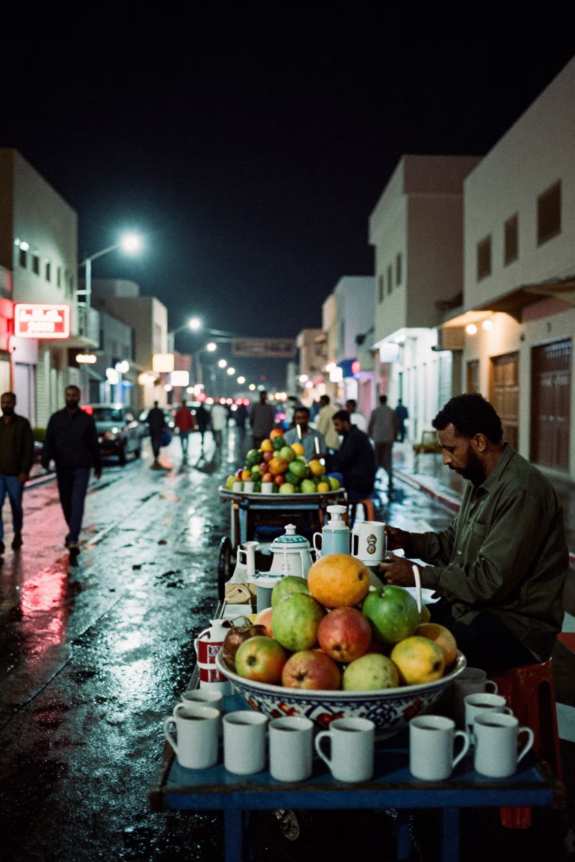 Nighttime Street Scene in Muscat Oman with Coffee Mugs and Fruit Bowl on Table in in Muscat, Oman