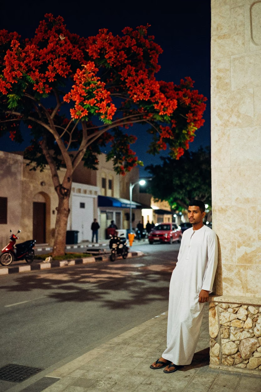 Nighttime Street Scene in Muscat Oman with Flame Tree and Local Interaction in in Muscat, Oman