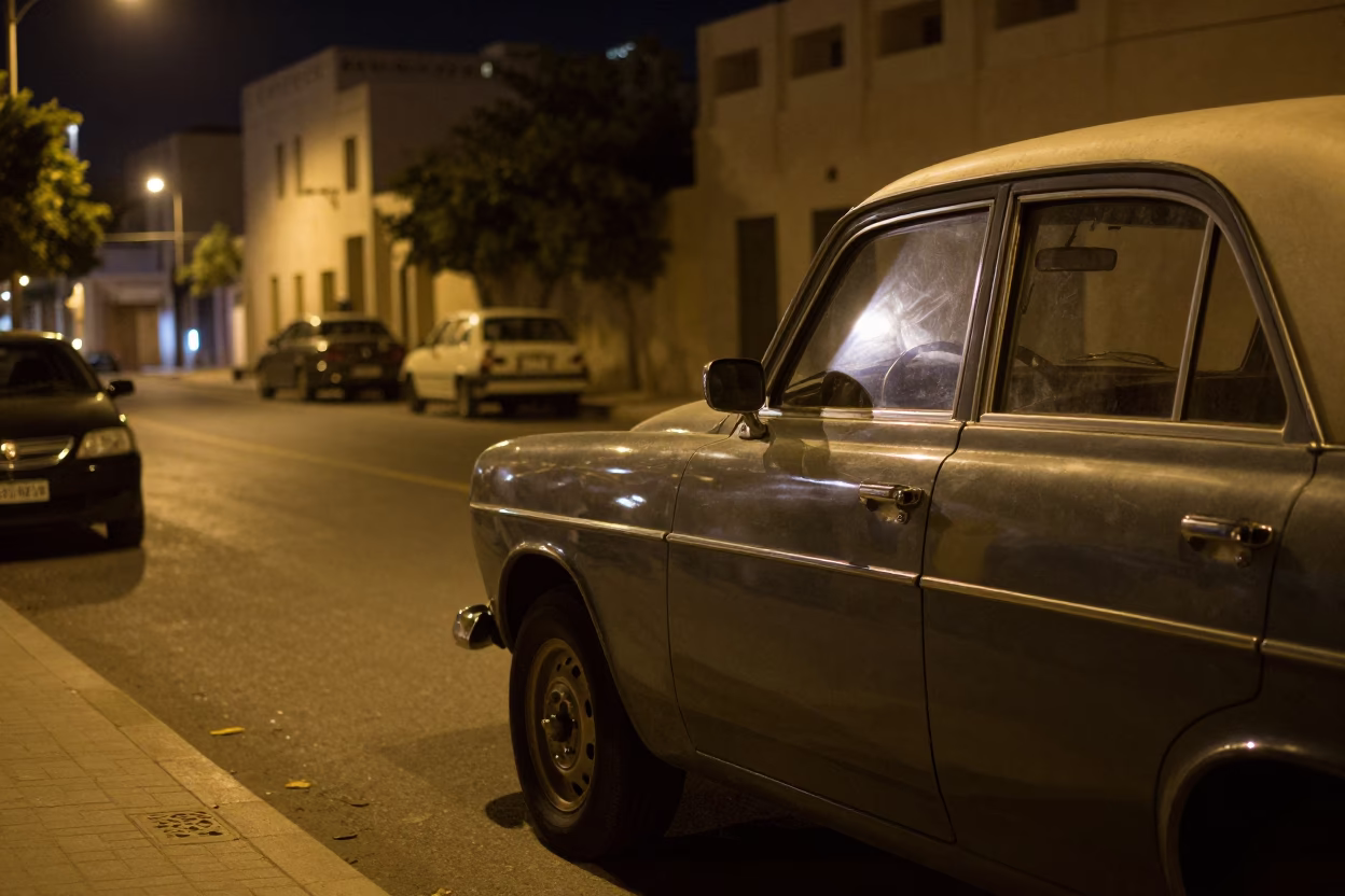 Nighttime Street Scene in Muscat Oman with Vintage Car and Window Light in in Muscat, Oman