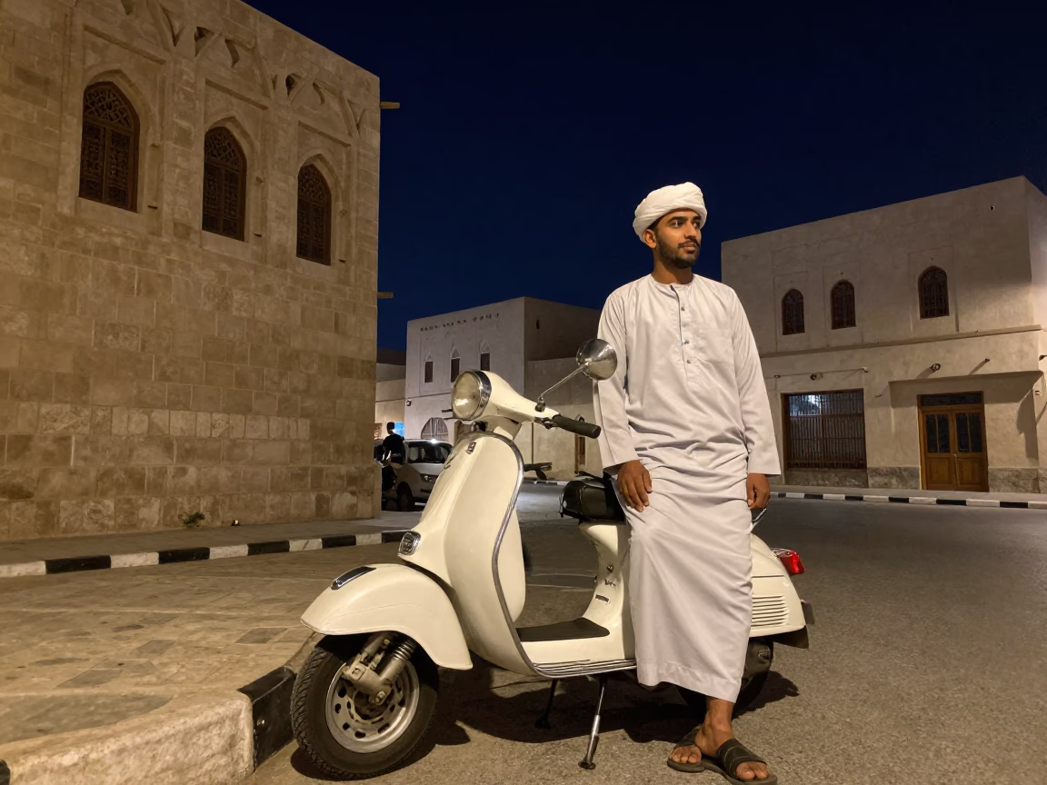 Nighttime Street Scene in Muscat Oman with Vintage Vespa and Local Interaction in in Muscat, Oman