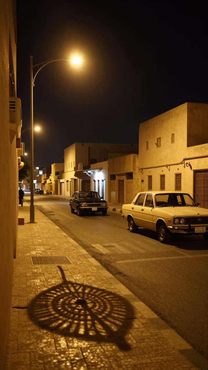 Nighttime Street Scene in Muscat Oman with Wicker Shadow and Vintage Car Rally in in Muscat, Oman