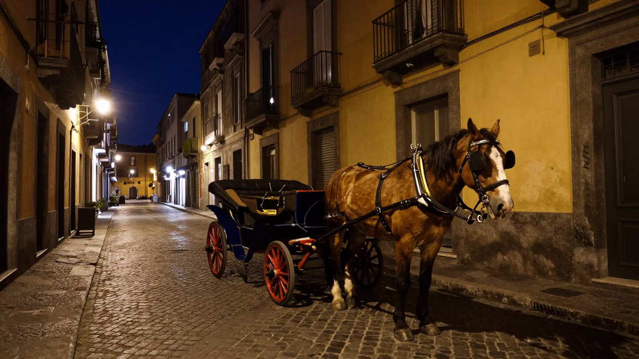 Nighttime Street Scene in Naples Italy with Horse Drawn Cart on Cobblestones in in Naples, Italy