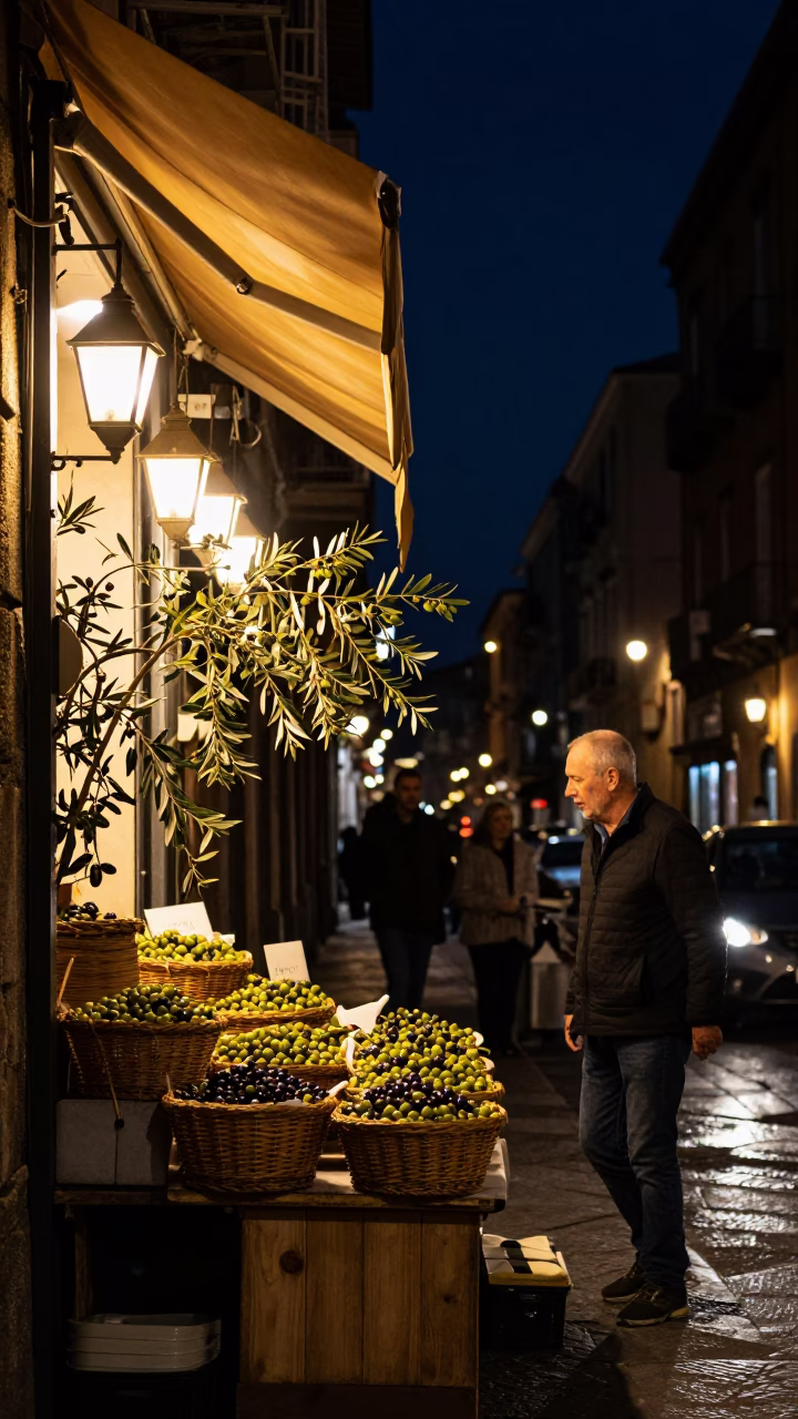 Nighttime Street Scene in Naples Italy with Lanterns and Olives in in Naples, Italy
