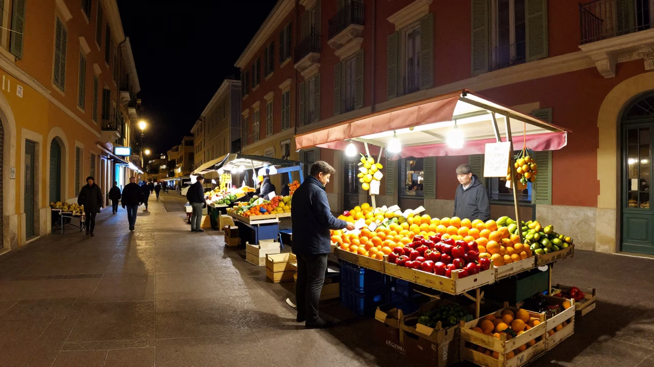 Nighttime Street Scene in Nice France with Colorful Urban Details and Local Life in in Nice, France