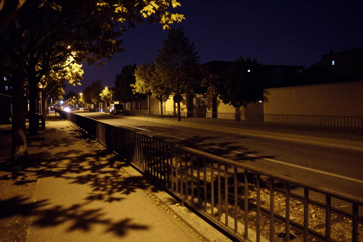 Nighttime Street Scene in Nice France with Leaf Shadows on Rail and Urban Atmosphere in in Nice, France