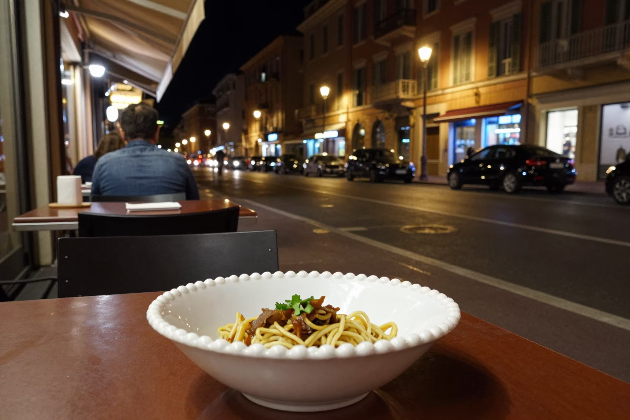 Nighttime Street Scene in Nice France with Local Dining and City Lights in in Nice, France