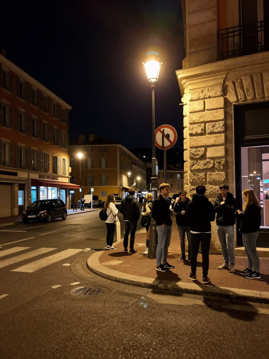 Nighttime street scene in Nice France with locals and urban details in in Nice, France
