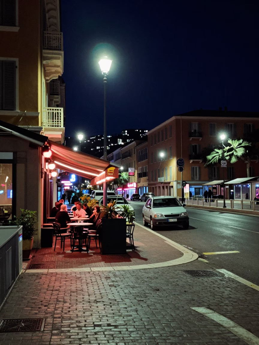 Nighttime street scene in Nice France with neon lights and urban details in in Nice, France