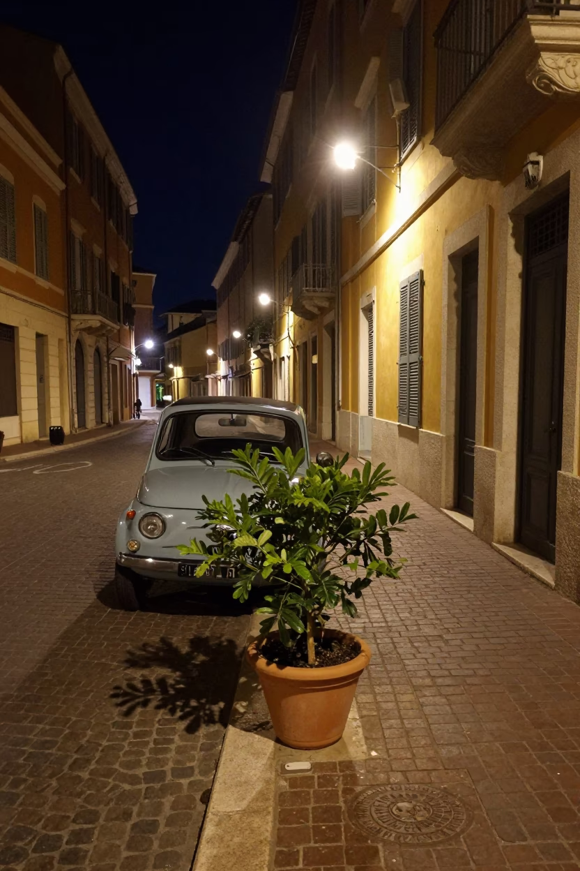 Nighttime Street Scene in Nice France with Vintage Car and Plant Pot in in Nice, France