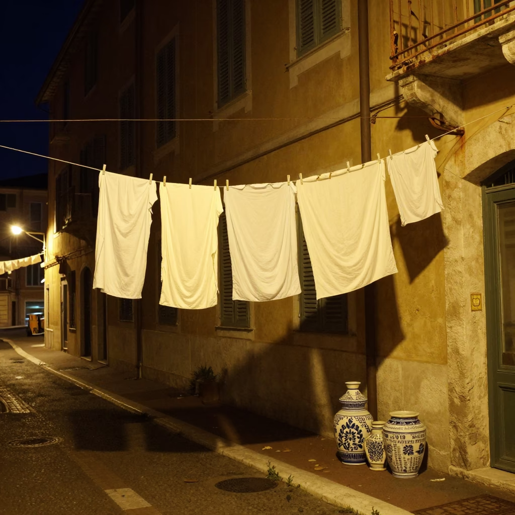 Nighttime Street Scene in Nice France with Vintage Laundry and Ceramic Mugs in in Nice, France
