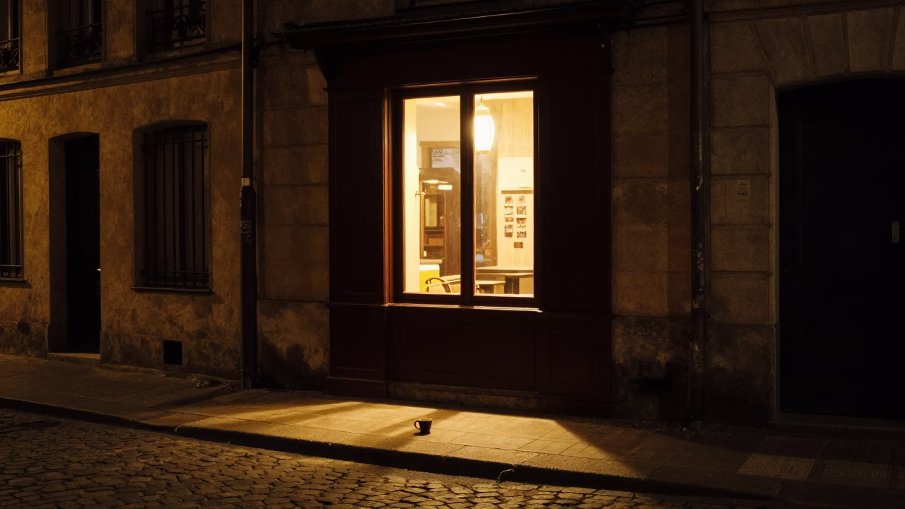 Nighttime Street Scene in Nice France with Window Light and Coffee Mug in in Nice, France