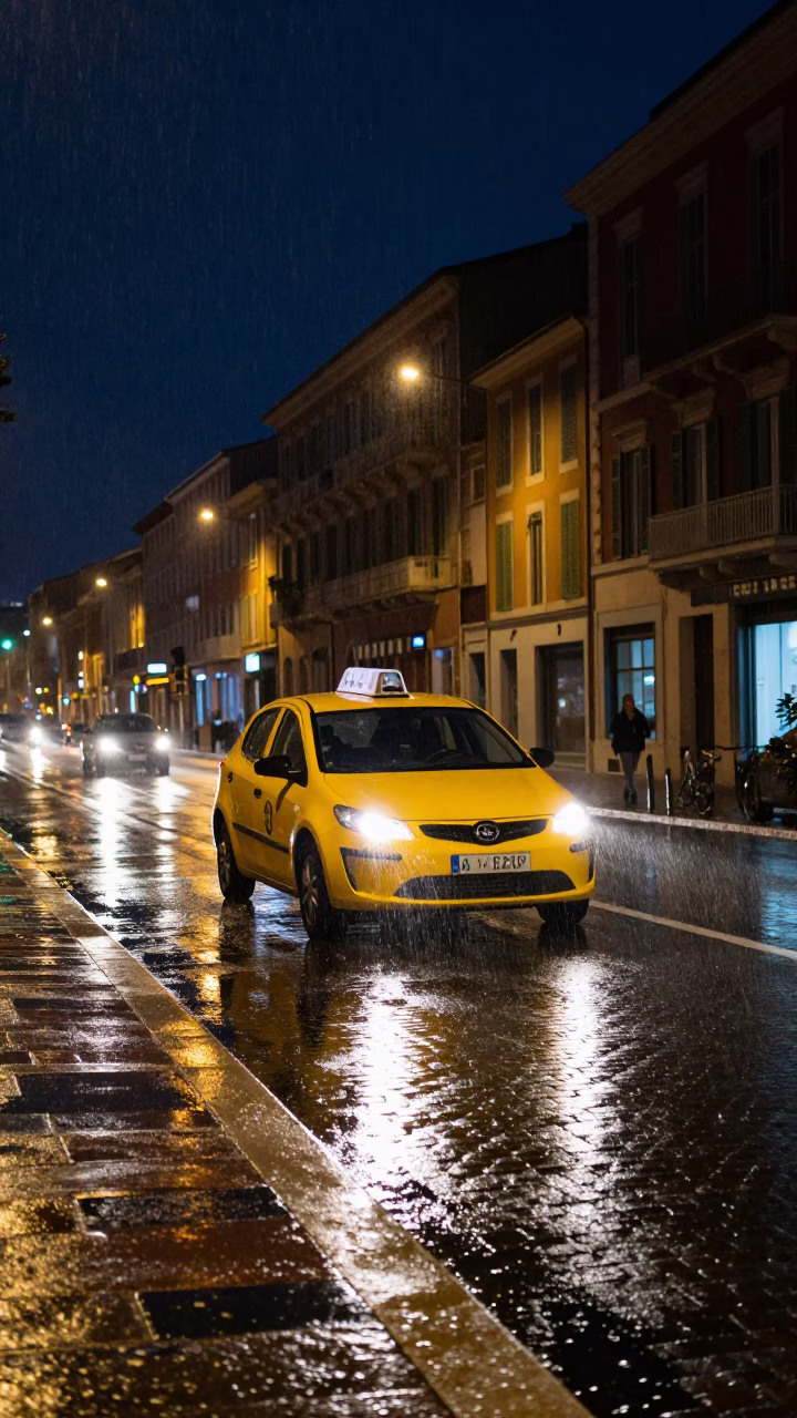 Nighttime street scene in Nice France with yellow taxi and candid local moment in in Nice, France