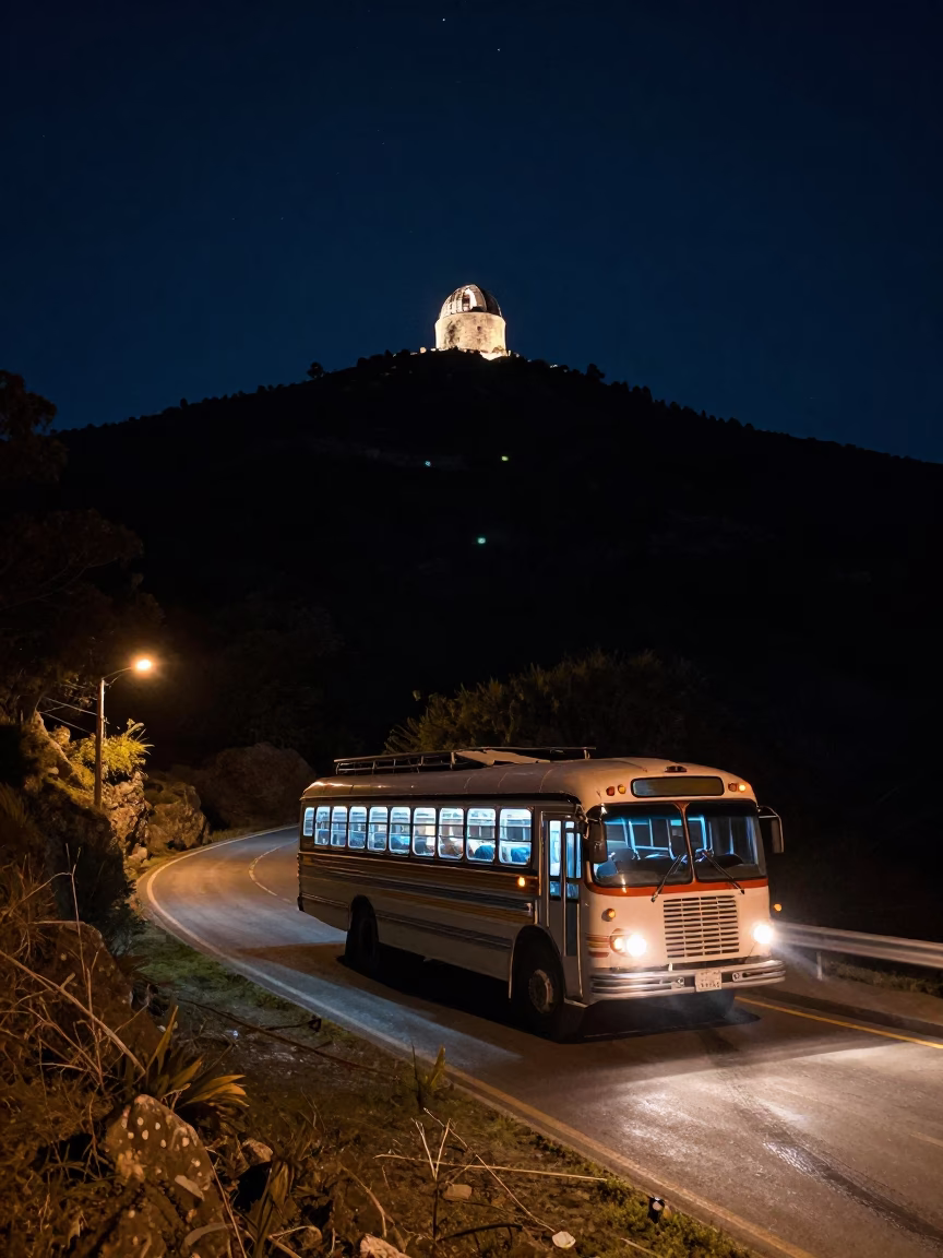 Nighttime Street Scene in Oaxaca Mexico with Classic Bus and Stone Observatory in in Oaxaca, Mexico