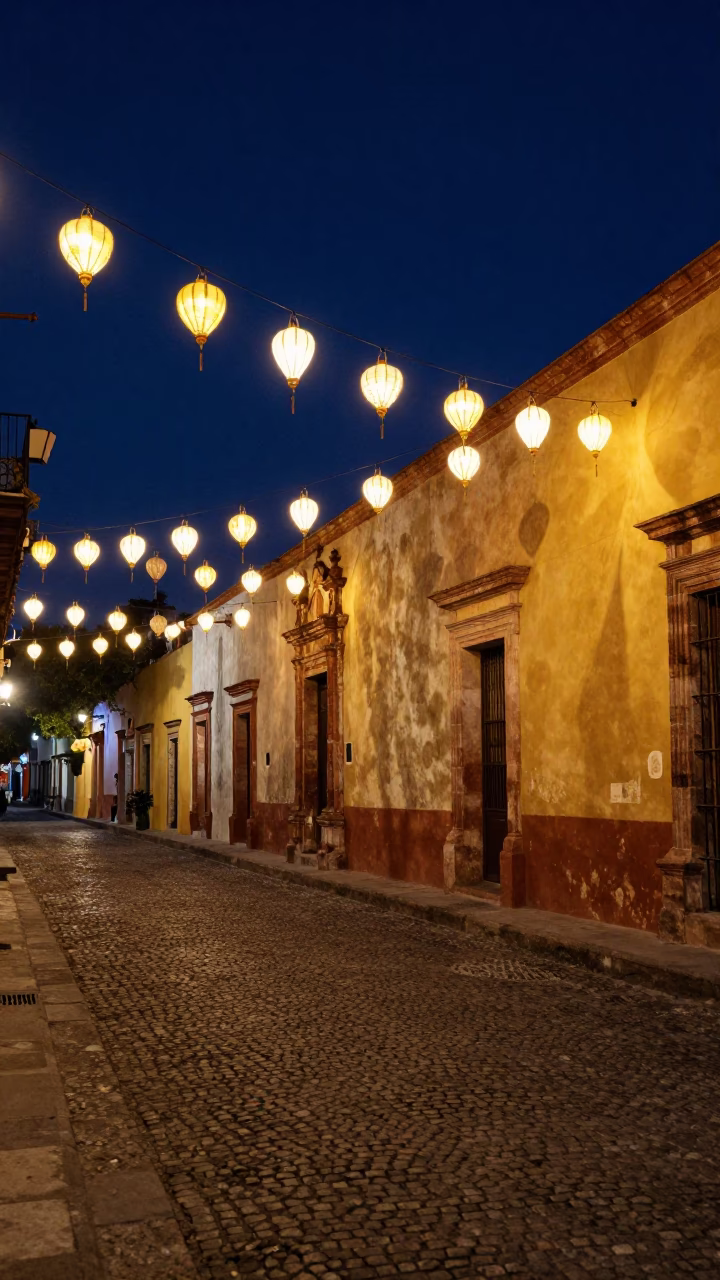 Nighttime Street Scene in Oaxaca Mexico with Lanterns and Cobblestones in in Oaxaca, Mexico