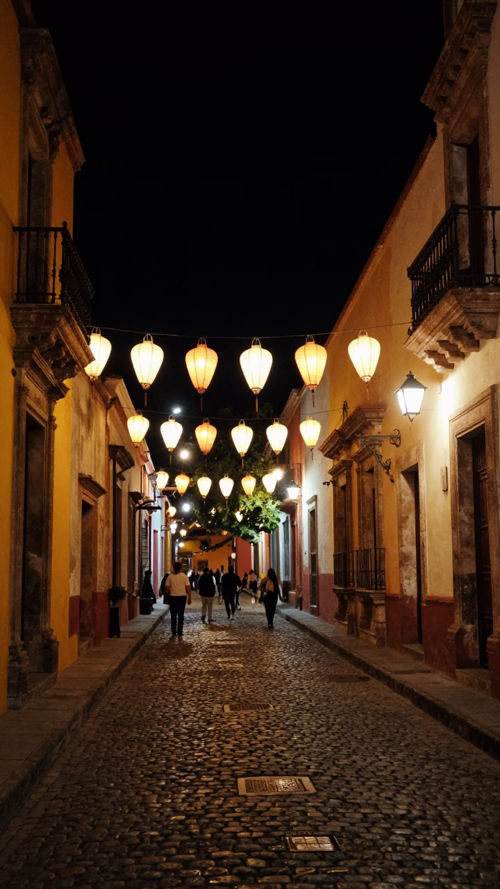 Nighttime Street Scene in Oaxaca Mexico with Local Lanterns and Cobblestone Architecture in in Oaxaca, Mexico