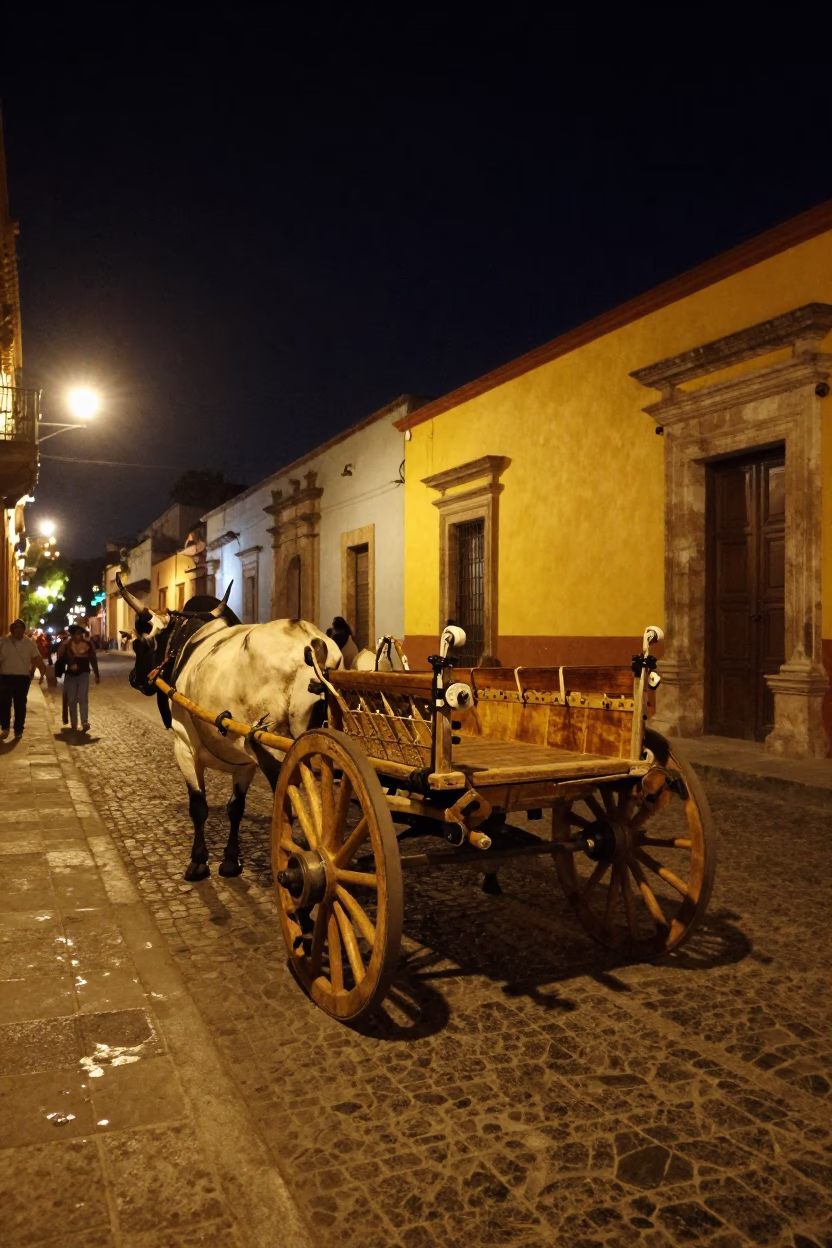 Nighttime Street Scene in Oaxaca Mexico with Ox Cart and Casters in in Oaxaca, Mexico