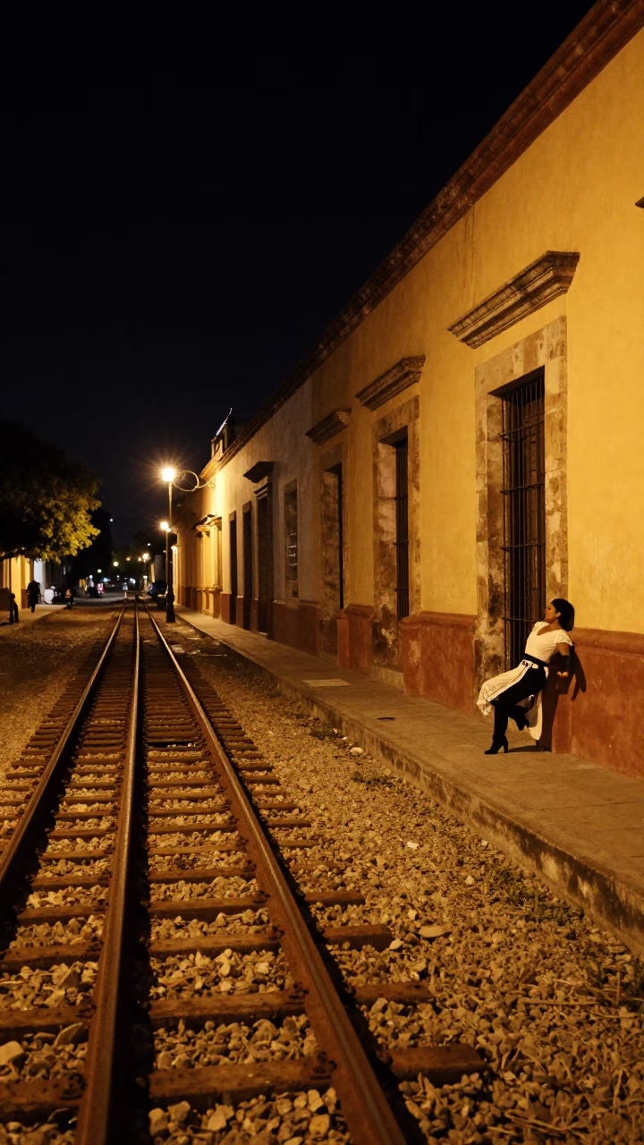 Nighttime Street Scene in Oaxaca Mexico with Rusty Rail and Dancer Resting in in Oaxaca, Mexico