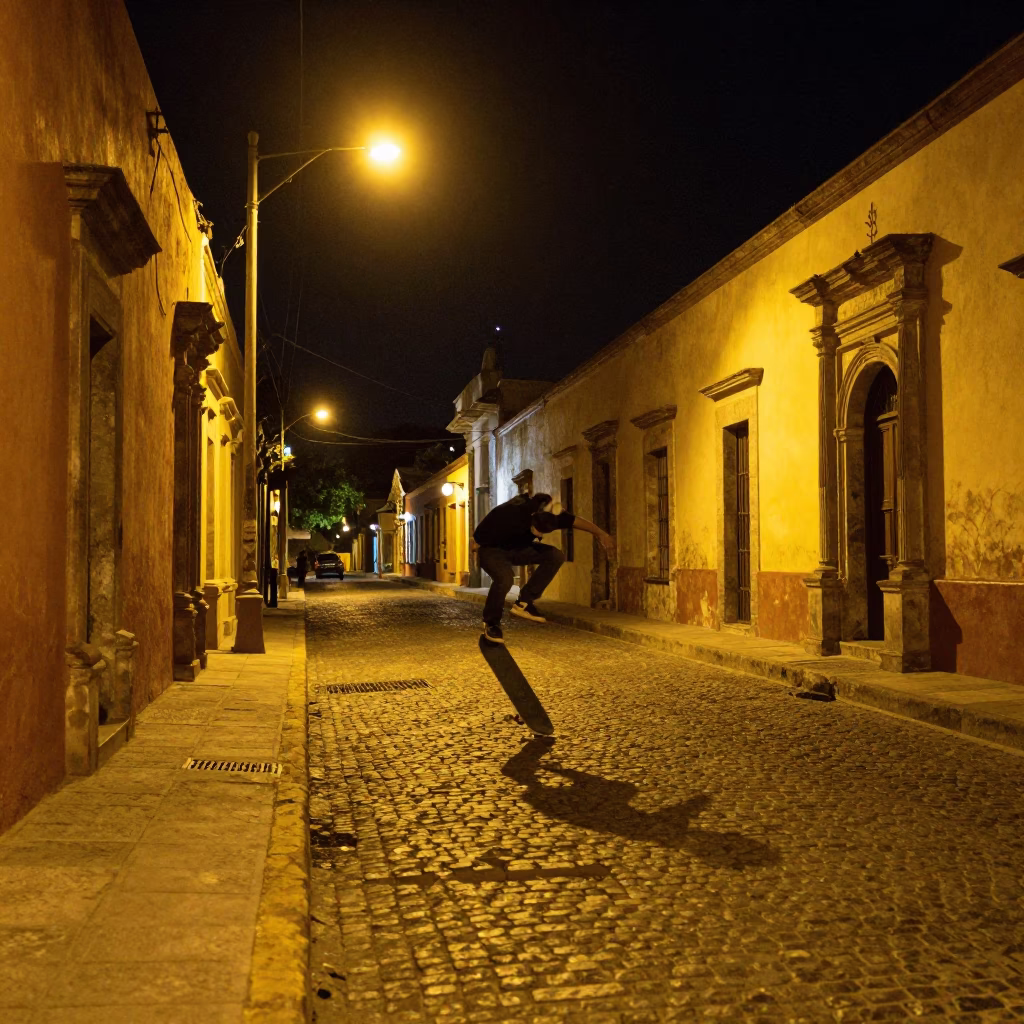 Nighttime Street Scene in Oaxaca Mexico with Skateboarder Mid Trick Under Streetlight in in Oaxaca, Mexico