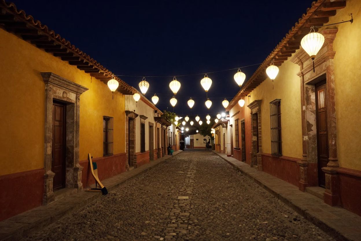 Nighttime Street Scene in Oaxaca Mexico with Traditional Decor and Local Life in in Oaxaca, Mexico