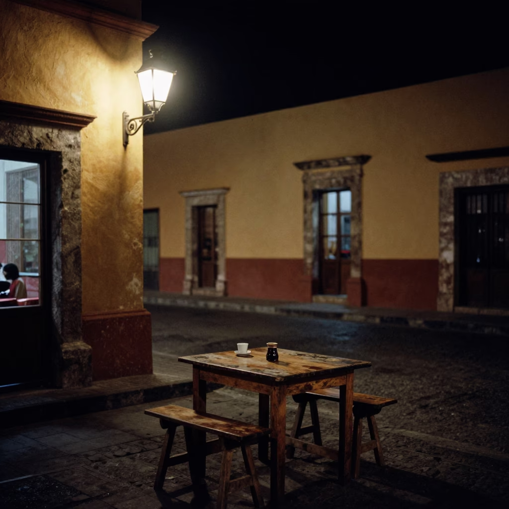 Nighttime Street Scene in Oaxaca Mexico with Vintage Lamp and Tea Stains in in Oaxaca, Mexico