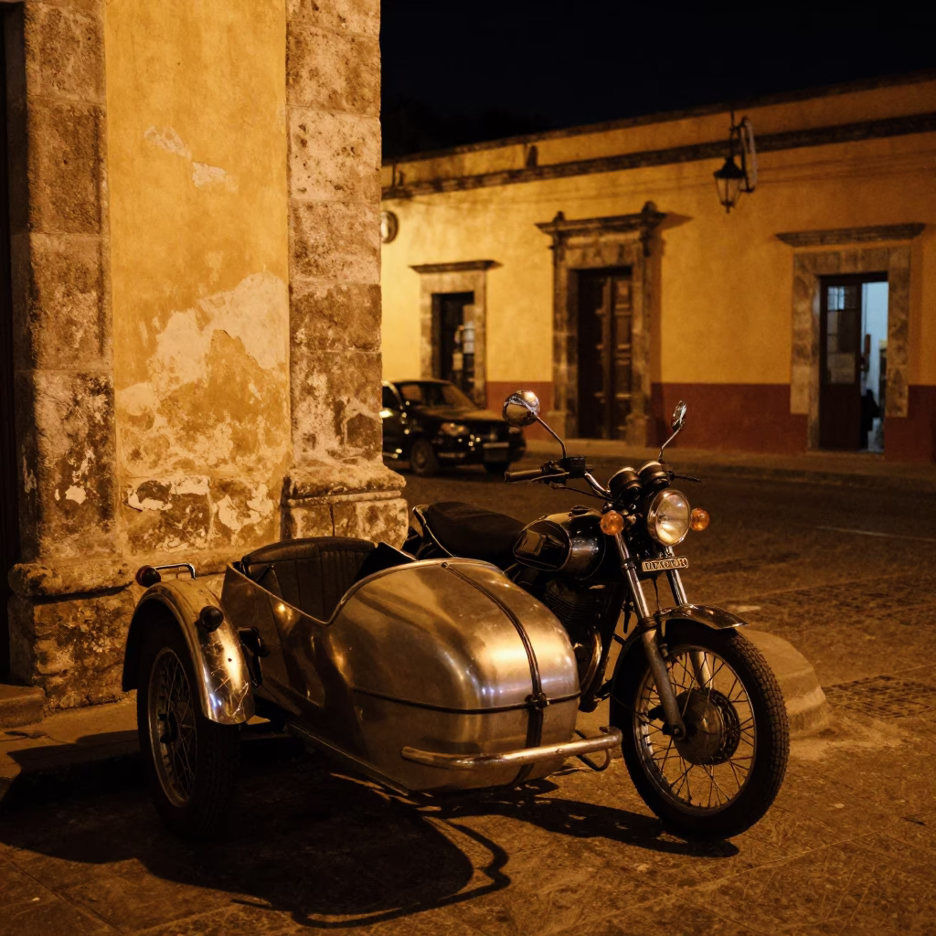Nighttime Street Scene in Oaxaca Mexico with Vintage Motorcycle and Local Market in in Oaxaca, Mexico