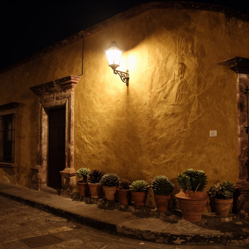 Nighttime Street Scene in Oaxaca Mexico With Wall Sconce and Succulents in in Oaxaca, Mexico