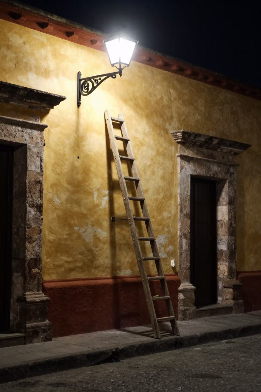 Nighttime Street Scene in Oaxaca Mexico with Wooden Ladder and Fruit Crate in in Oaxaca, Mexico