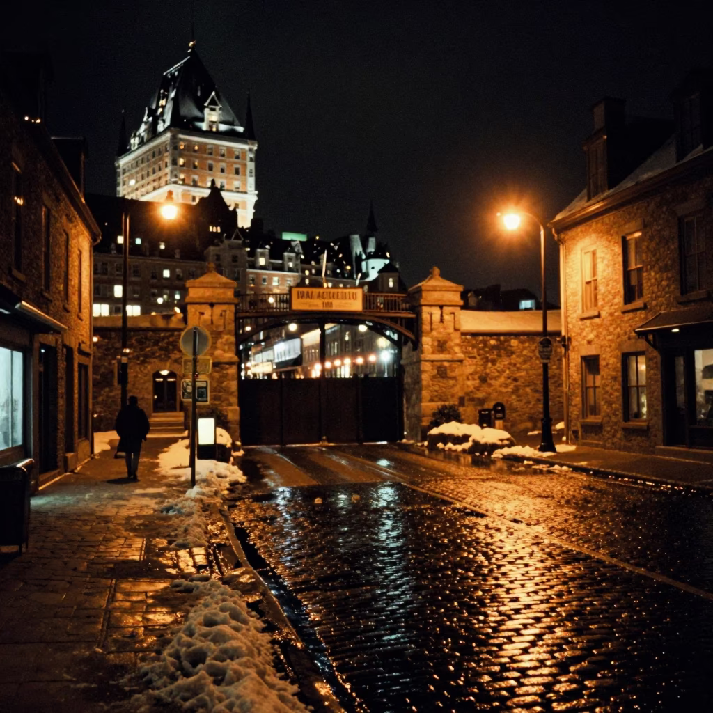 Nighttime Street Scene in Old Quebec City With Floodgate and Sandbags in in Quebec City, Quebec, Canada